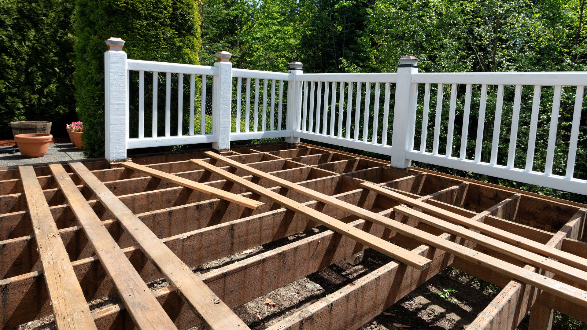 A wooden deck with a white railing and a potted plant